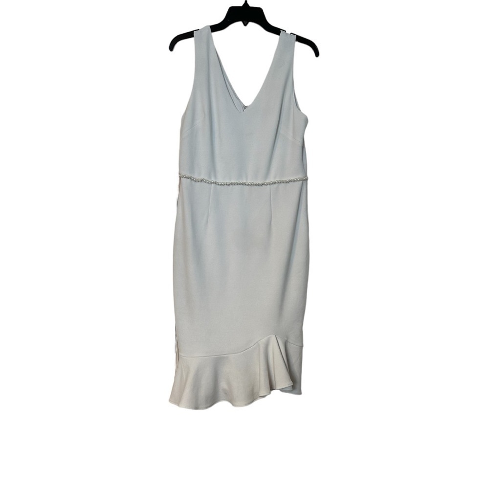 Betsey Johnson Dress White Crepe Flounce Hem V-Neck Pearl Trimmed Size 10